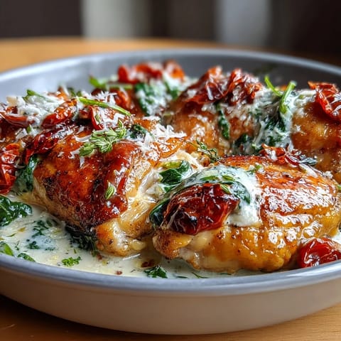 Creamy Tuscan Chicken Skillet with tender chicken in a rich garlic cream sauce, sun-dried tomatoes, and wilted spinach.