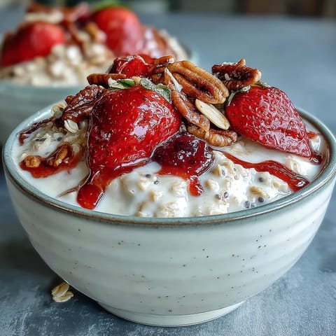 Strawberry overnight oats with chia seeds and granola in a glass jar, topped with fresh strawberries and crunchy granola, perfect for a healthy breakfast.