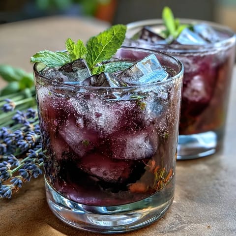 A tall glass of iced lavender lemonade with fresh mint, garnished with lemon slices and a sprig of mint, served on a rustic wooden table.