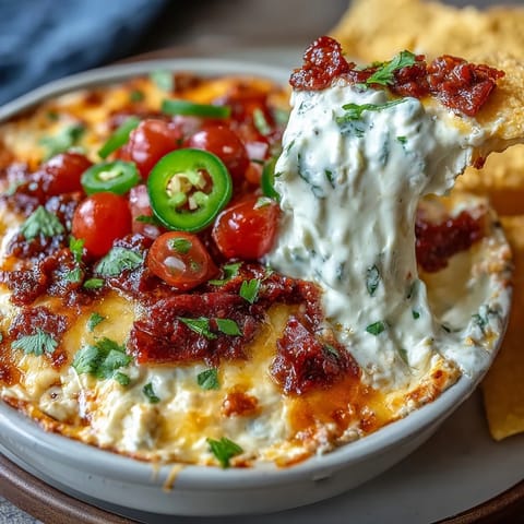 Cinco de Mayo Loaded Queso Dip with chorizo and melted cheese in a skillet, topped with pico de gallo and jalapeños.