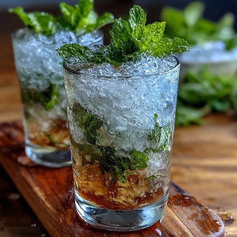Cool and invigorating non-alcoholic mint julep mocktail, bursting with fresh mint flavor and sparkling water, served in classic julep cups.