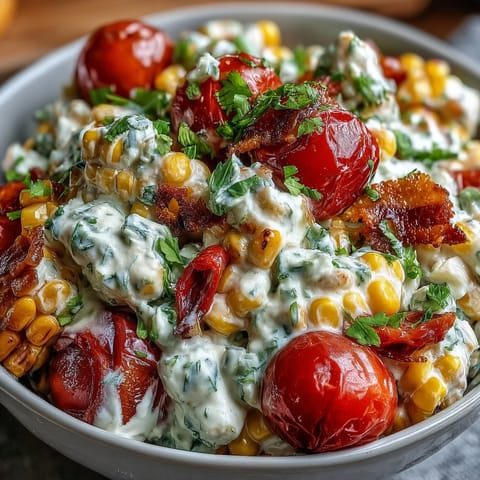 Creamy Corn Salad with Jalapeño in a bowl, topped with fresh cilantro and diced vegetables.