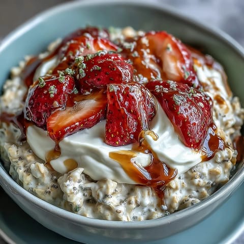 Overnight oats with strawberries and chia in a glass jar, creamy oats layered with fresh berries and seeds for a healthy breakfast.