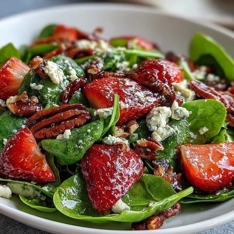 Fresh spring salad with baby spinach, juicy strawberries, creamy goat cheese, and candied pecans, drizzled with tangy balsamic vinaigrette.