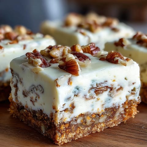 Decadent carrot cake cheesecake bars with a swirl of spiced carrot cake and rich cream cheese filling.