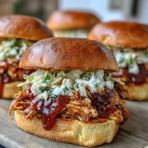 Juicy pulled BBQ chicken piled high on soft brioche buns, perfect for summer cookouts or quick weeknight dinners.  