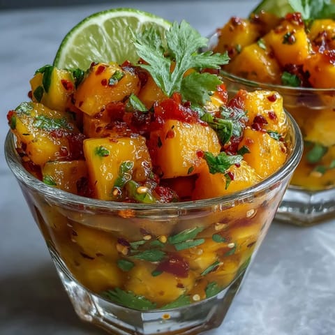 Vibrant mango and pineapple fruit cups with zesty lime and chili seasoning, perfect for a refreshing summer snack.