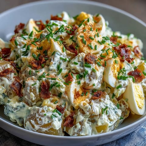 Creamy deviled egg potato salad with tender Yukon Gold potatoes, tangy mustard dressing, and fresh chives in a classic American side dish.