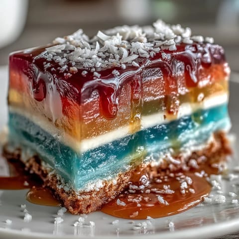 Vibrant rainbow jelly cake with creamy coconut topping, a refreshing chilled dessert.