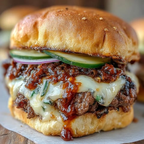 Juicy Memorial Day BBQ smash burger sliders glistening with secret sauce on toasted buns.