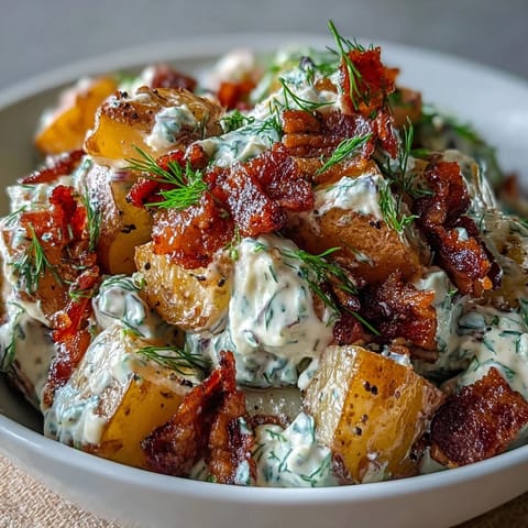 Memorial Day Potato Salad with crisp bacon, fluffy potatoes, and fresh dill.