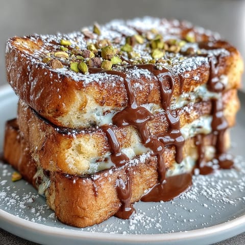 Golden brown Dubai Chocolate Pistachio Croissant French Toast glistening with melted chocolate.