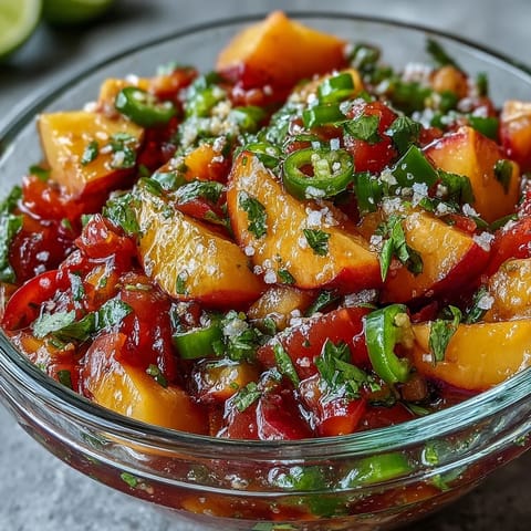 Fresh peach jalapeño salsa topping grilled fish with vibrant summer colors.