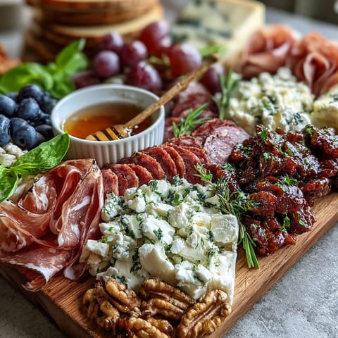 Vibrant summer charcuterie board with colorful fruits, cheeses, and honey drizzle.
