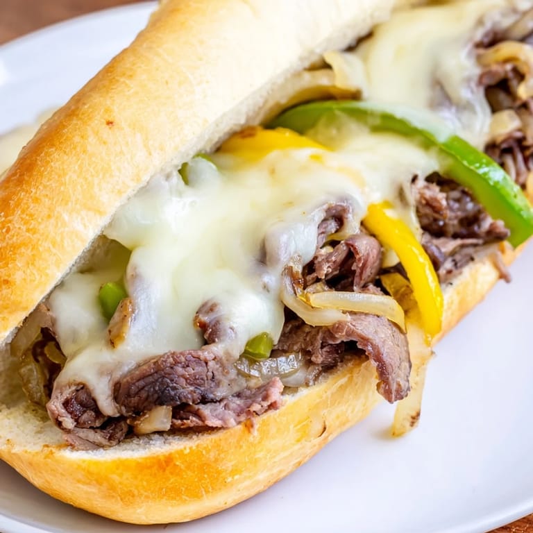 A close-up of a delicious Philly cheesesteak, overflowing with savory fillings in a toasted hoagie roll.