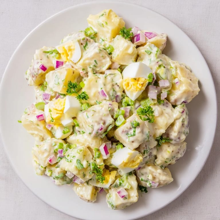 This vibrant photo shows a luscious bowl of homemade Potato Salad, perfect for summer barbecues.