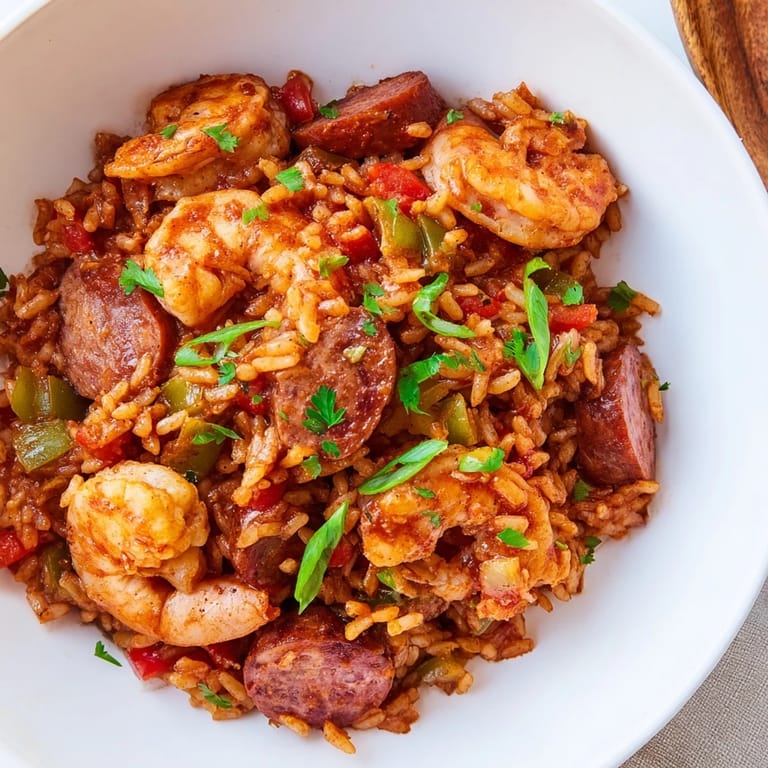 Hearty jambalaya, bubbling in a pot, filled with sausage, chicken, shrimp, and spices.