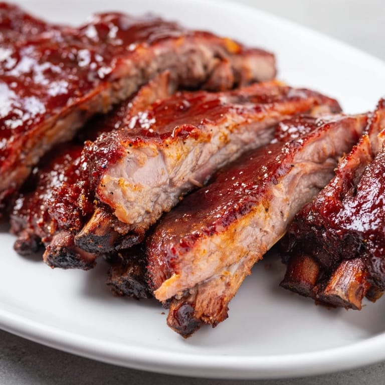 Close-up of slow-cooked BBQ ribs, showcasing tender, fall-off-the-bone meat and smoky flavor.