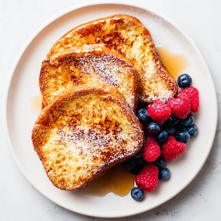 A stack of fluffy, eggy French toast, warm from the skillet and piled high with fresh berries.