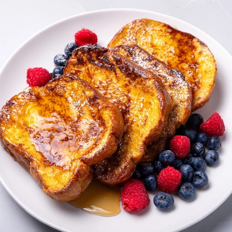 Homemade French toast, showcasing the custardy bread browned to perfection and dusted with powdered sugar.