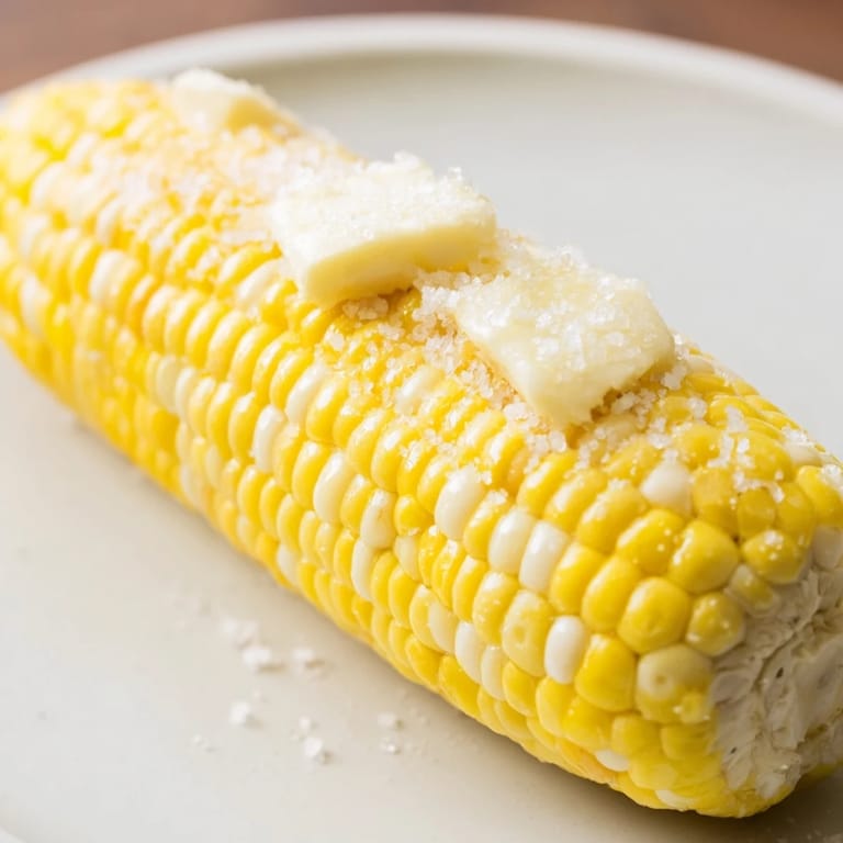 Close-up of freshly cooked corn on the cob, glistening with butter, perfect for a summer BBQ.
