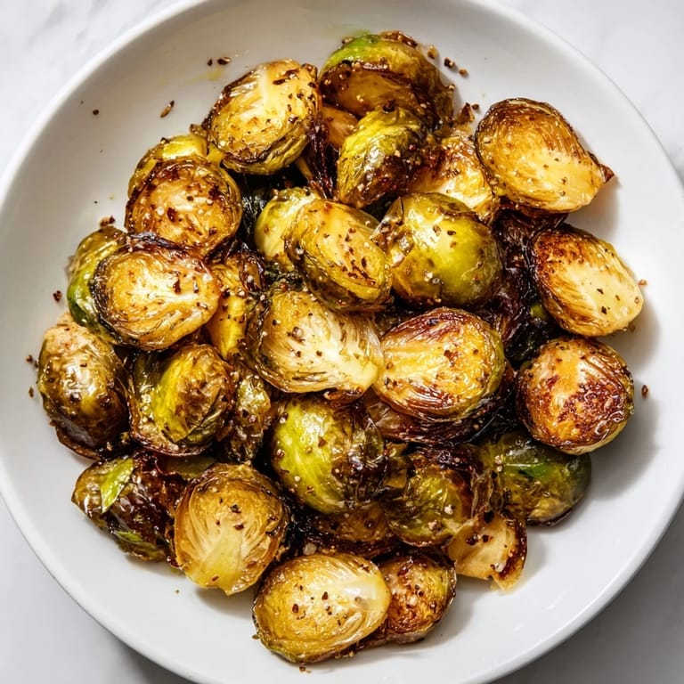 Tender and caramelized roasted Brussels sprouts, perfectly seasoned, served hot and delicious for dinner.