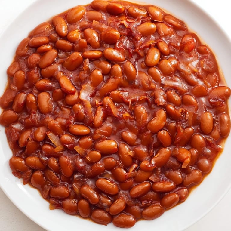 A close-up of delicious Baked Beans, glistening with a deep-red sauce after baking in the oven.