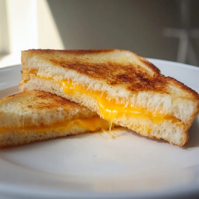 Close-up of a warm, classic grilled cheese, showing the bubbly, melted cheese between crispy bread.