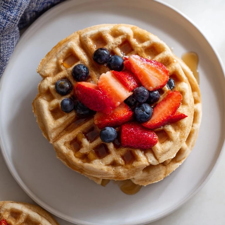 Warm waffles picture, perfect for a cozy weekend brunch, served with butter and a side of fruit.
