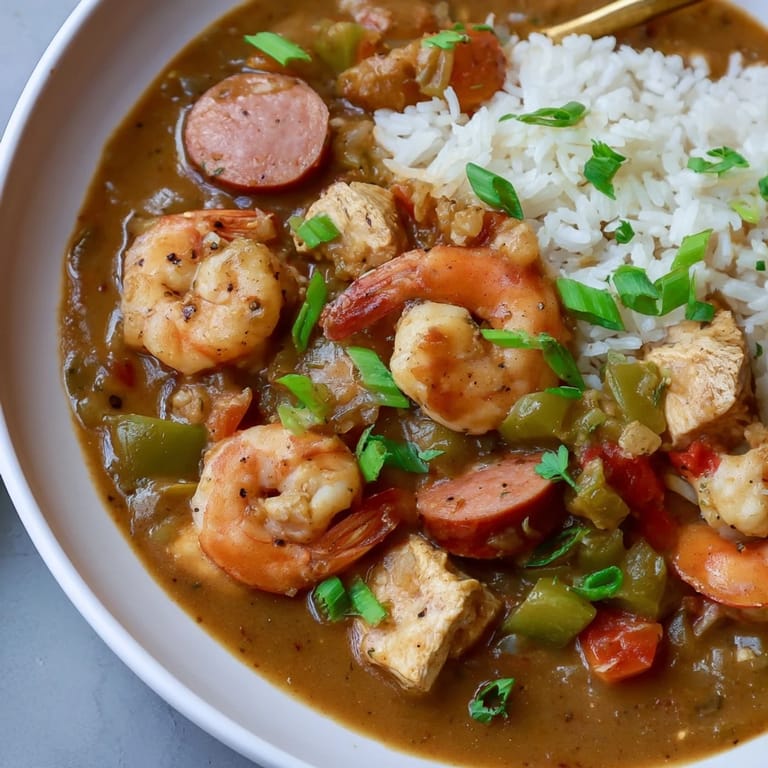 This flavorful, comforting Gumbo features tender chicken and sausage with aromatic vegetables over rice.