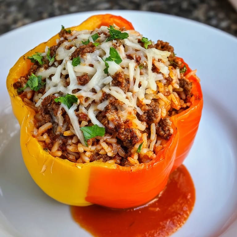 A beautiful close-up of cheesy stuffed bell peppers, ready to be served for a delicious weeknight dinner.