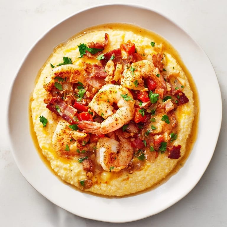 A beautiful bowl of Shrimp and Grits: tender shrimp in a rich sauce over smooth, warm grits.