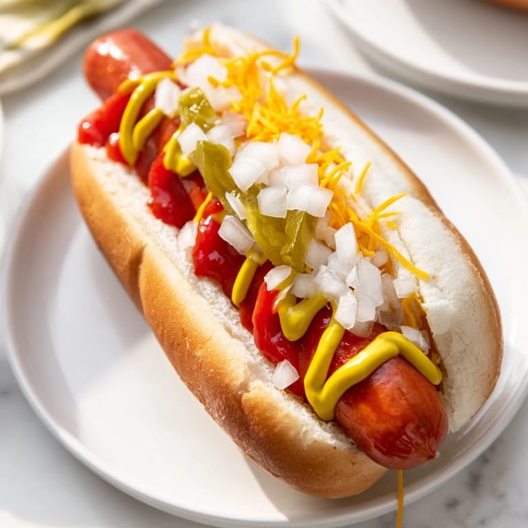A close-up of fully loaded hot dogs featuring vibrant relish, onion, and a drizzle of ketchup.