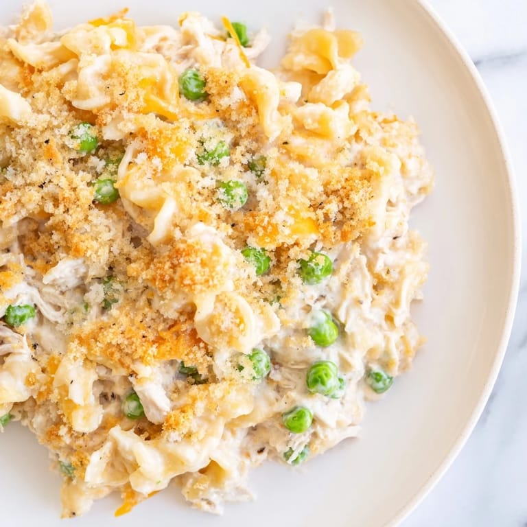A warm, comforting bowl of Tuna Casserole with visible peas, tuna, and a golden breadcrumb crust.