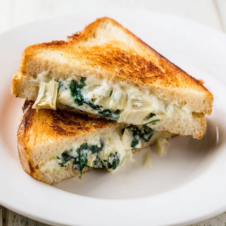 Melty mozzarella and artichoke grilled cheese halves served beside a steaming bowl of tomato soup.