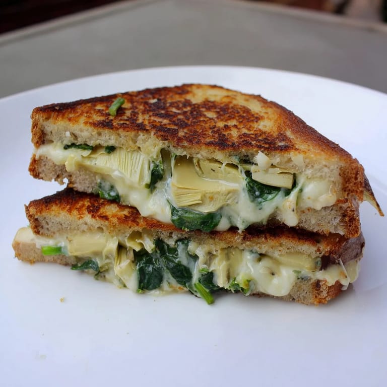 Crispy vegetarian grilled cheese with vibrant green spinach and chopped artichoke hearts on white plate.