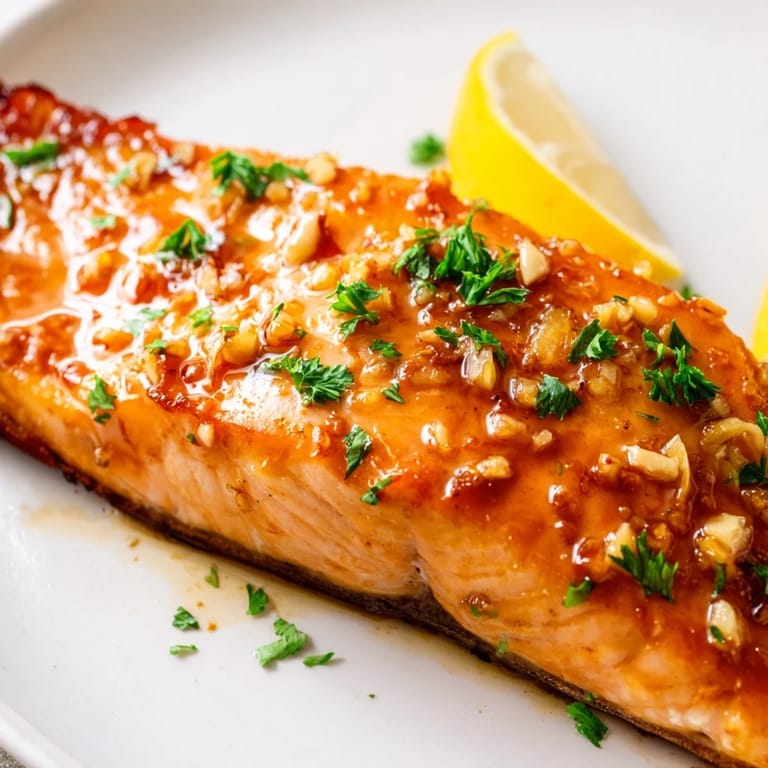 Honey Garlic Glazed Salmon roasted to tender perfection, served with lemon wedges alongside steamed rice and vibrant green veggies.  