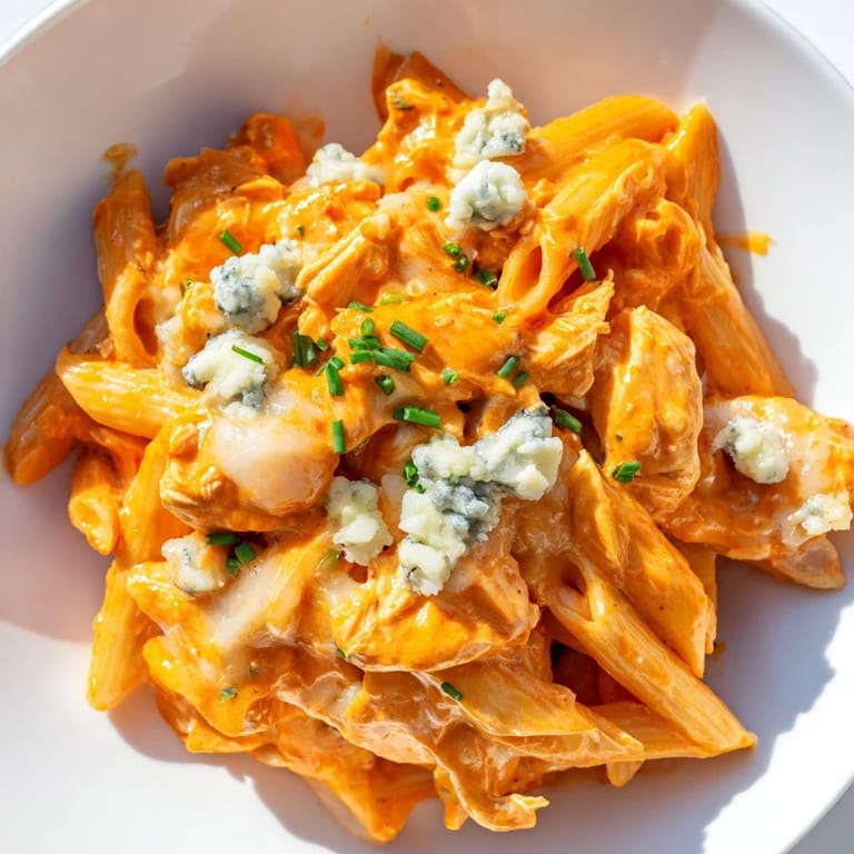 The hearty Buffalo Chicken Pasta dish, loaded with tender shredded chicken and drizzled with extra buffalo sauce for a spicy kick.