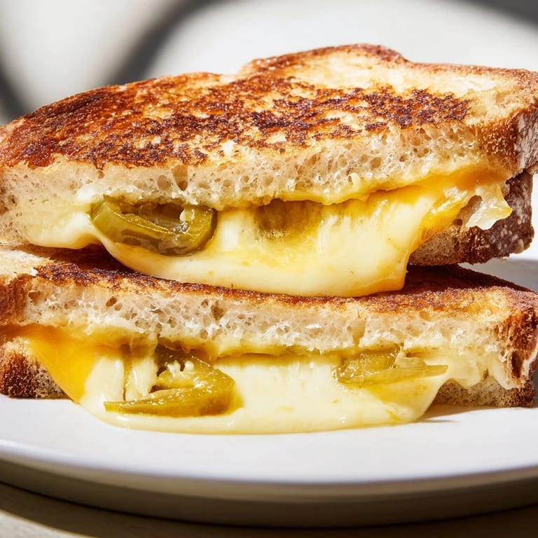 A vibrant plate featuring Cheddar Jalapeño Grilled Cheese served alongside a creamy bowl of tomato soup, perfect for a comforting lunch.