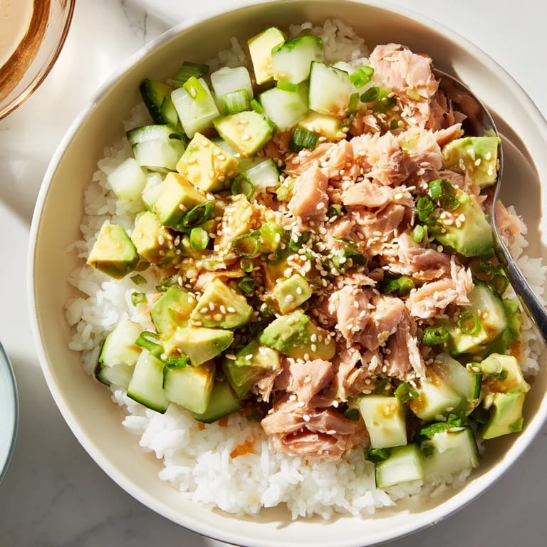 Savory Tuna Avocado Rice Bowl drizzled with sesame dressing and topped with crisp cucumber slices.