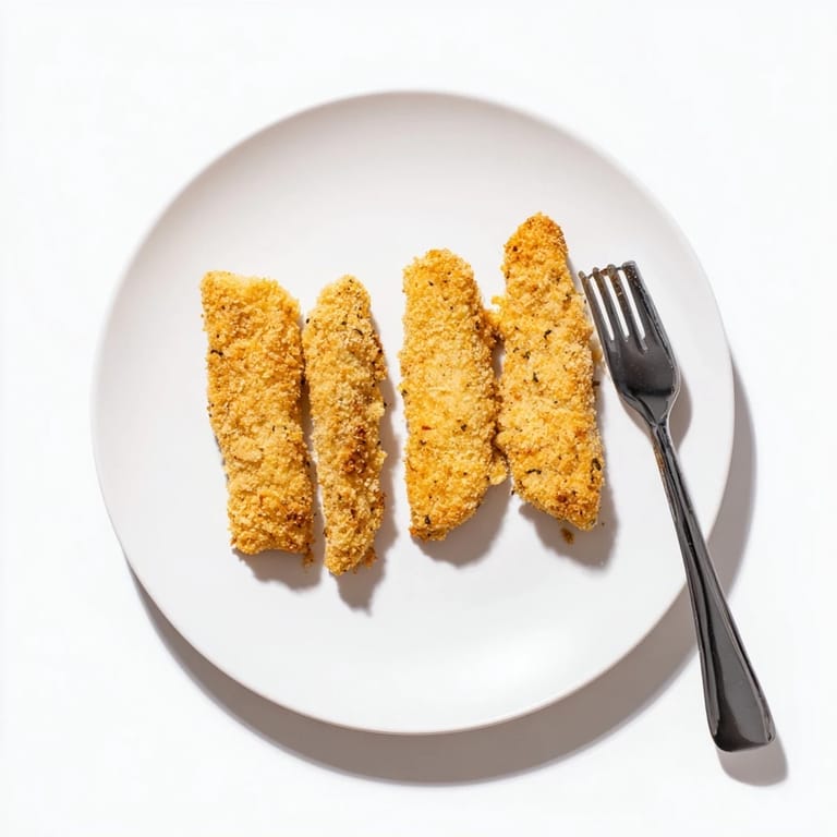 Tender Crispy Panko Chicken Strips arranged over a bed of crisp greens, lemon wedges on the side, perfect for a light and satisfying American-style lunch.