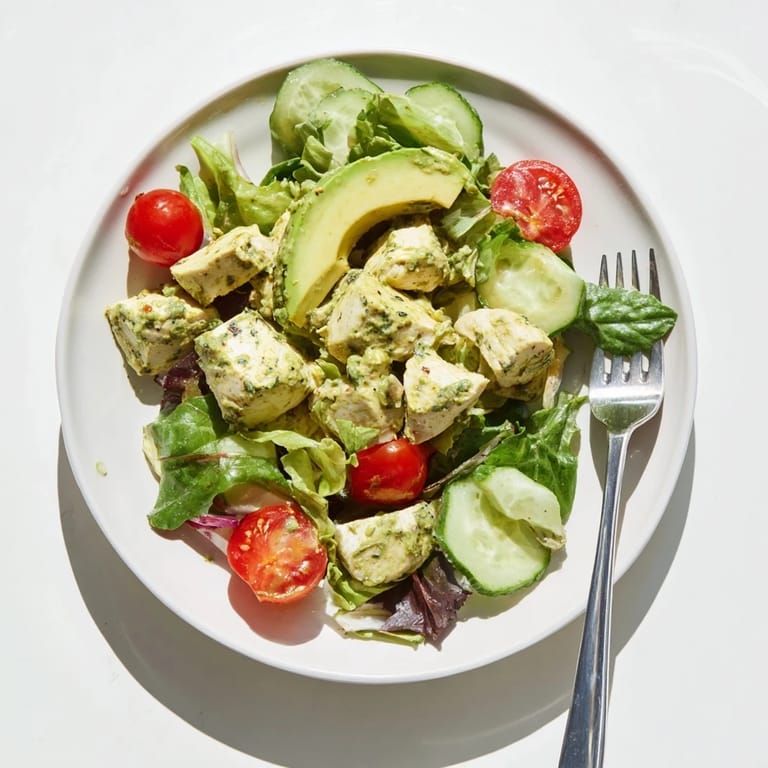 Close-up of Green Goddess Chicken Salad showing juicy chicken pieces coated in herb dressing, nestled with fresh cucumber and vibrant salad leaves.
