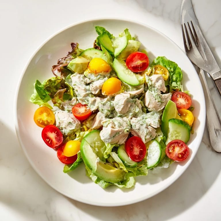 A vibrant platter of Green Goddess Chicken Salad with sliced avocado, cherry tomatoes, and a drizzle of extra green dressing, ready to serve.