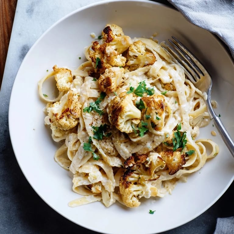 Dry fettuccine noodles, a bowl of creamy sauce, and a tray of roasted cauliflower for making Roasted Cauliflower Alfredo.
