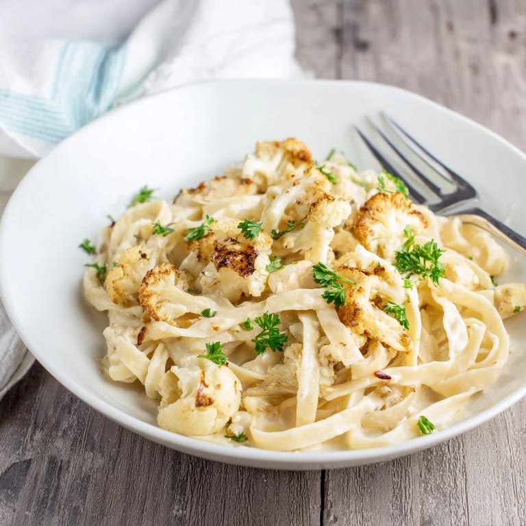 A skillet of freshly tossed Roasted Cauliflower Alfredo pasta, garnished with parsley and grated Parmesan, served steaming hot.