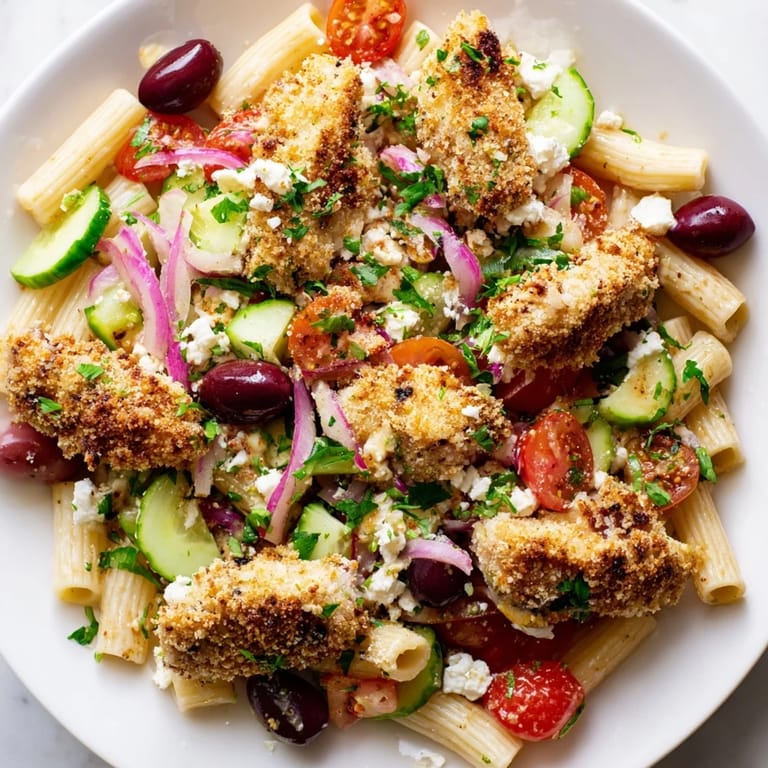 Freshly fried chicken pairs with al dente pasta, red onions, and Kalamata olives, all drizzled with a homemade oregano and red wine vinegar dressing.