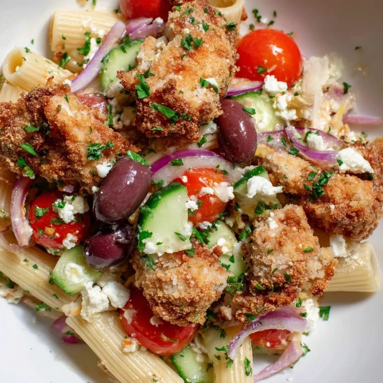 Savory Crispy Chicken Greek Pasta is served warm, featuring crunchy Parmesan-coated chicken, tender penne, and a colorful medley of Mediterranean vegetables.