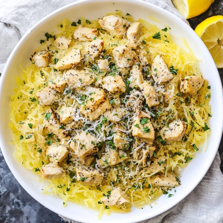 Freshly roasted spaghetti squash half scooped into noodles, garnished with Parmesan and lemon wedges for a gluten-free family dinner.