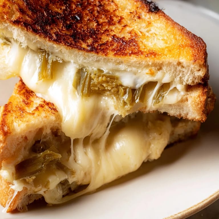 Two halves of a homemade jalapeño pepper jack grilled cheese, served on a white plate for a classic American snack.