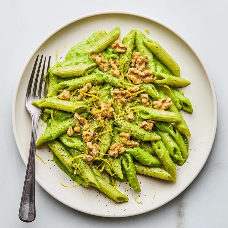 A close-up of vegan Creamy Spinach Walnut Pasta twirled on a fork, revealing the vibrant green, velvety sauce coating every noodle.  
